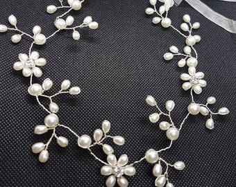 Silver and white Pearl Flower Leaf Headband headpiece Hairband Wedding Bridal Festival Boho Vintage style Crystal Rhinestone diamante