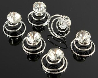 Set of 6 Crystal Jewel Spiral Hair Clips Silver Hair Twists Hairpins Wedding Bridal Party Hair Accessories Clear or Light Champagne Stone