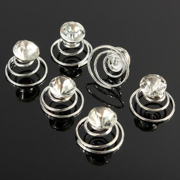 Set of 6 Crystal Jewel Spiral Hair Clips Silver Hair Twists Hairpins Wedding Bridal Party Hair Accessories Clear or Light Champagne Stone