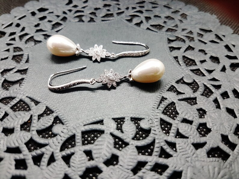 CZ Pearl Long Drop Flower Earrings Drop Dangle Chandelier Silver Vintage Art Deco Wedding Bridal
