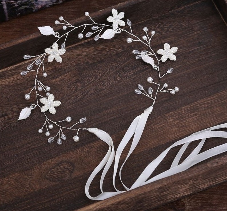 Silver and white Pearl Flower Leaf Headband headpiece Hairband Wedding Bridal Festival Boho Vintage style Crystal Rhinestone diamante