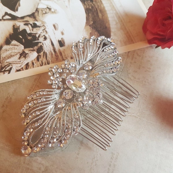 High sparkle Large Angel Wing Hair comb Hair accessory. Tiara Bridal Wedding. Silver crystal diamante rhinestone. Vintage Art Deco Style.