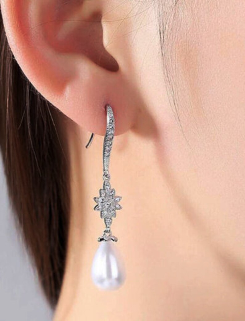 CZ Pearl Long Drop Flower Earrings Drop Dangle Chandelier Silver Vintage Art Deco Wedding Bridal