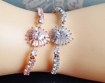 Flower CZ Bridal Bracelet. Adjustable Chain Link Slider. CZ Crystal Bridal Bangle. Wedding Jewellery. Bridesmaid gift. Rose gold or Silver