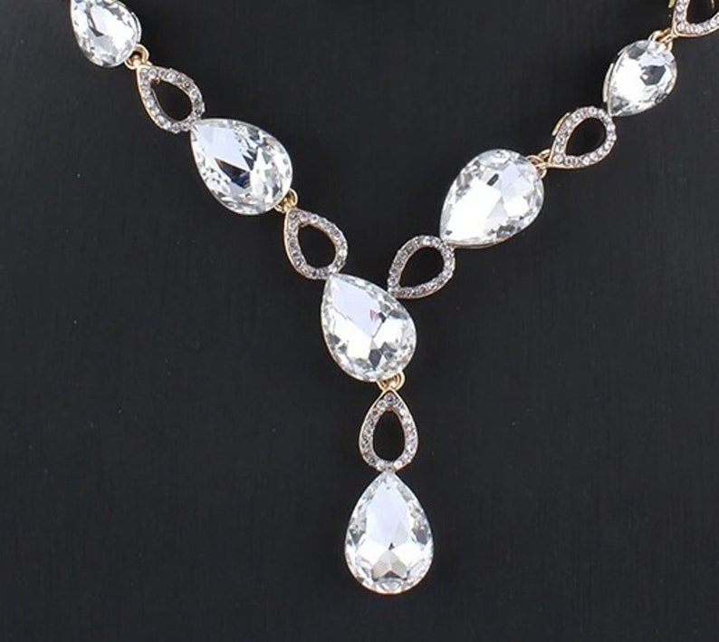 Long drop Dangle Earrings Teardrop Rhinestones Pendant necklace Bridal Wedding Gold Crystal Necklace and Earring Jewellery set
