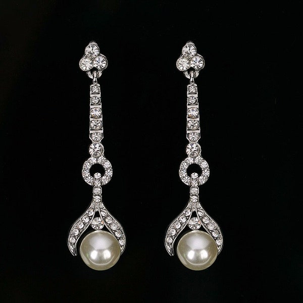 Art Deco 1920's Vintage Style faux Pearl Earrings. Drop Dangle Earrings. Pearl & Crystal Earrings. Wedding Jewellery.  Long Bridal Earrings