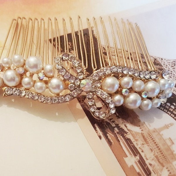 Rose Gold and Pearl Crystal Hair comb Bow & Ribbon Rhinestone Diamante Vintage Art Deco 1920's Side Comb Bridal Wedding