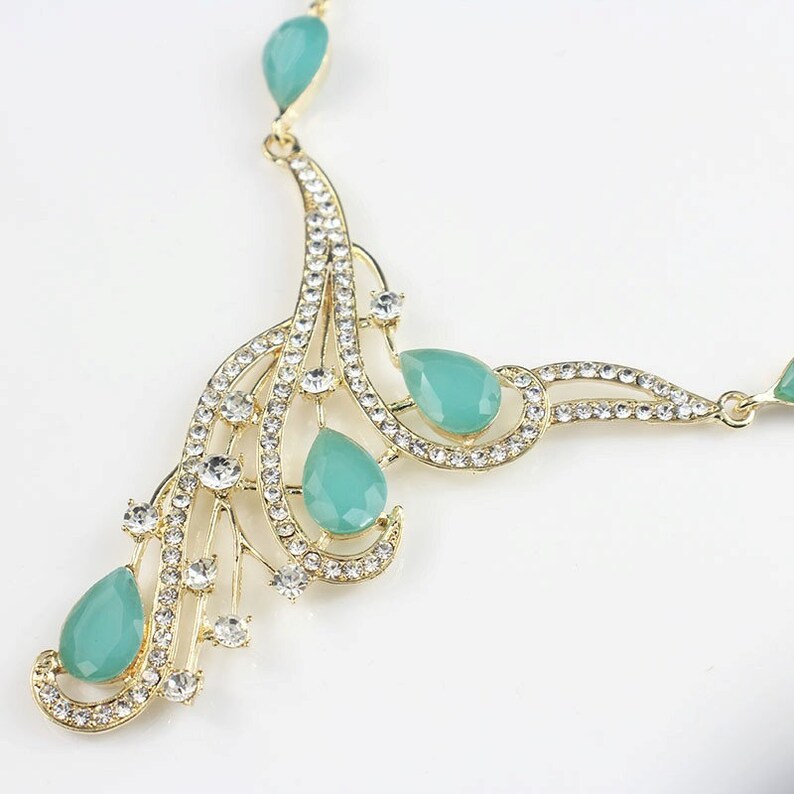 Green Crystal Necklace and Earrings Jewellery Set Waterfall Pendant necklace drop Dangle Earrings Diamante Rhinestone Vintage Art Deco