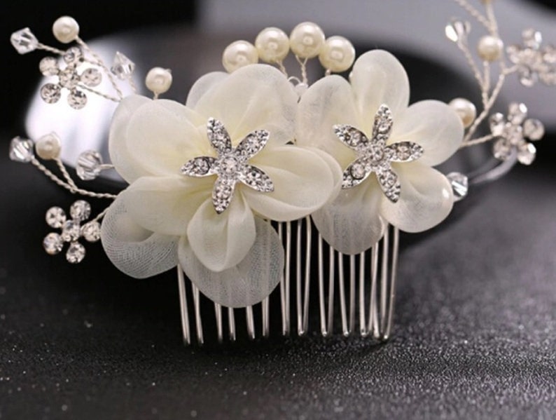 Ivory Crystal Pearl Chiffon silver Hair comb Hair slide Headpiece Fascinator Wedding Bridal Party Rhinestone Diamante