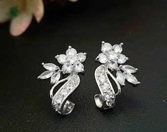 Flower and Leaf Bridal Earrings. Silver Crystal Stud Earrings. Wedding Jewellery. Art Deco Style Zircon Stud Earrings. Bridesmaid Jewellery