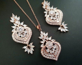 Rose Gold CZ Crystal Heart and Leaf Bridal Necklace & Earrings Set. Wedding Jewellery. Drop Dangle Earrings Pendant Necklace. Art Deco Style