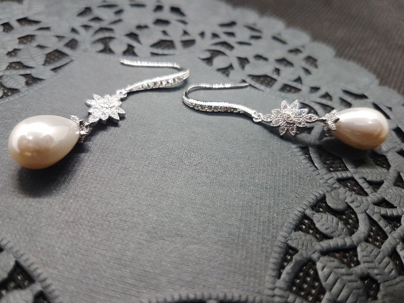 CZ Pearl Long Drop Flower Earrings Drop Dangle Chandelier Silver Vintage Art Deco Wedding Bridal