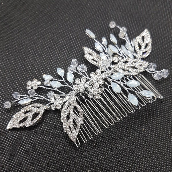 Opal Crystal Leaf Flower Hair Comb Vintage Back Piece Art Deco 1920's  Hair slide Head Piece. Fascinator Rhinestone Silver Wedding Bridal