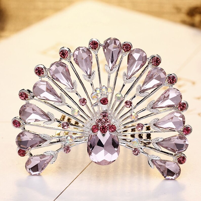 Peacock Hair Comb Tiara Crown Pink Silver Wedding Bridal Etsy UK