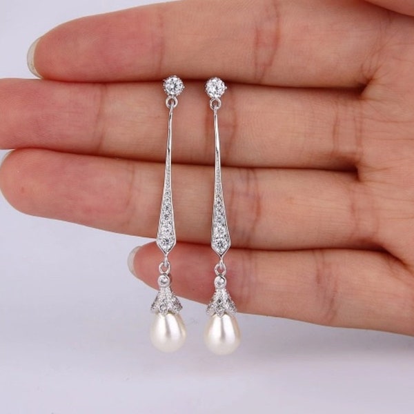 Long Pearl & CZ Crystal Earrings. Vintage Art Deco. Rhinestone Diamante Drop Dangle Chandelier. Wedding Bridal Silver or Rose Gold