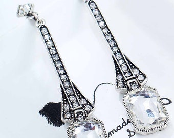Long Art Deco Vintage style Clear Crystal Earrings. Silver Rhinestone diamante Drop Dangle Chandelier Earrings. 1920's Flapper Earrings