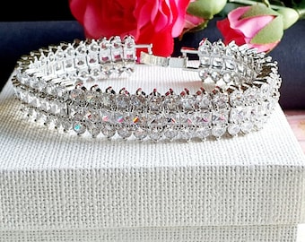 Wide Cuff 3 Row Silver Tennis Bracelet Bangle. CZ Crystal Bridal Bracelet. Wedding Jewellery. Bridesmaid gift. Zircon Crystal Cuff Bracelet