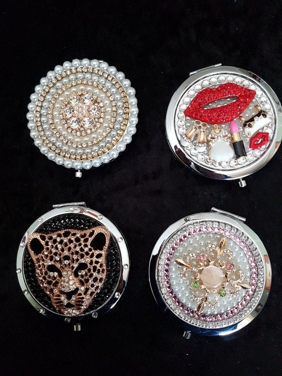 Pearl and Crystal Compact Handbag Mirror. Vintage Style Art Deco