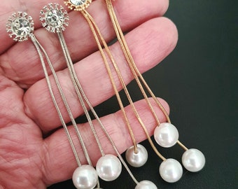 2 in 1 Long Crystal and Pearl Earrings. Pearl Drop Dangle & Stud Earrings. Chandelier Bridal Earrings. Wedding Jewellery. Silver or Gold