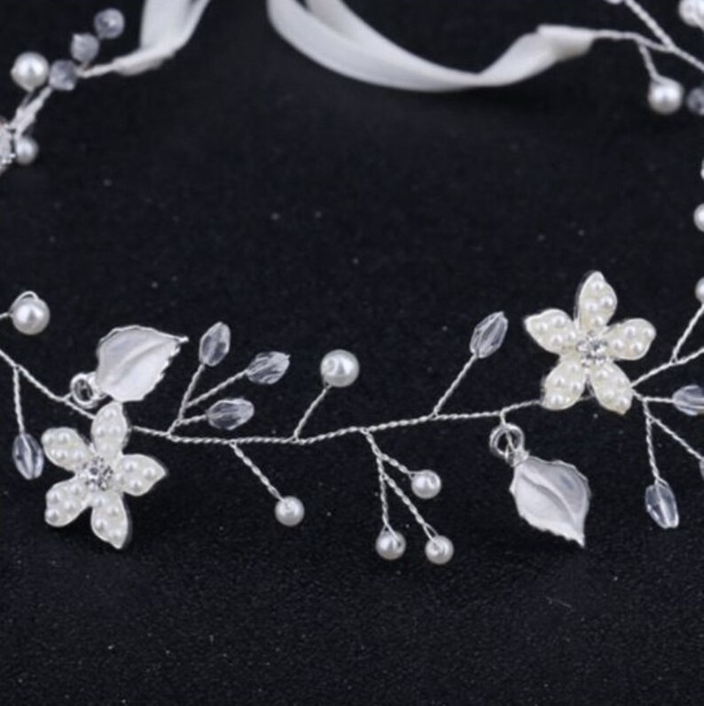 Silver and white Pearl Flower Leaf Headband headpiece Hairband Wedding Bridal Festival Boho Vintage style Crystal Rhinestone diamante