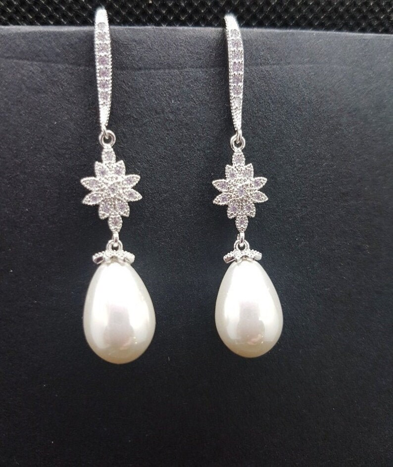CZ Pearl Long Drop Flower Earrings Drop Dangle Chandelier Silver Vintage Art Deco Wedding Bridal