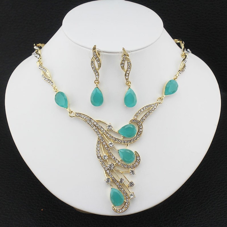 Green Crystal Necklace and Earrings Jewellery Set Waterfall Pendant necklace drop Dangle Earrings Diamante Rhinestone Vintage Art Deco