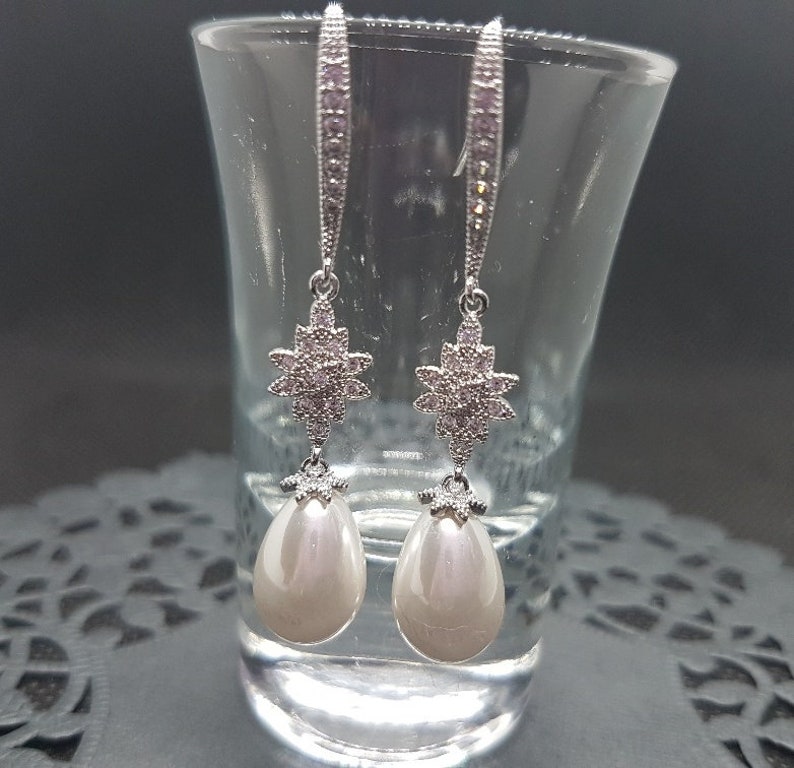 CZ Pearl Long Drop Flower Earrings Drop Dangle Chandelier Silver Vintage Art Deco Wedding Bridal