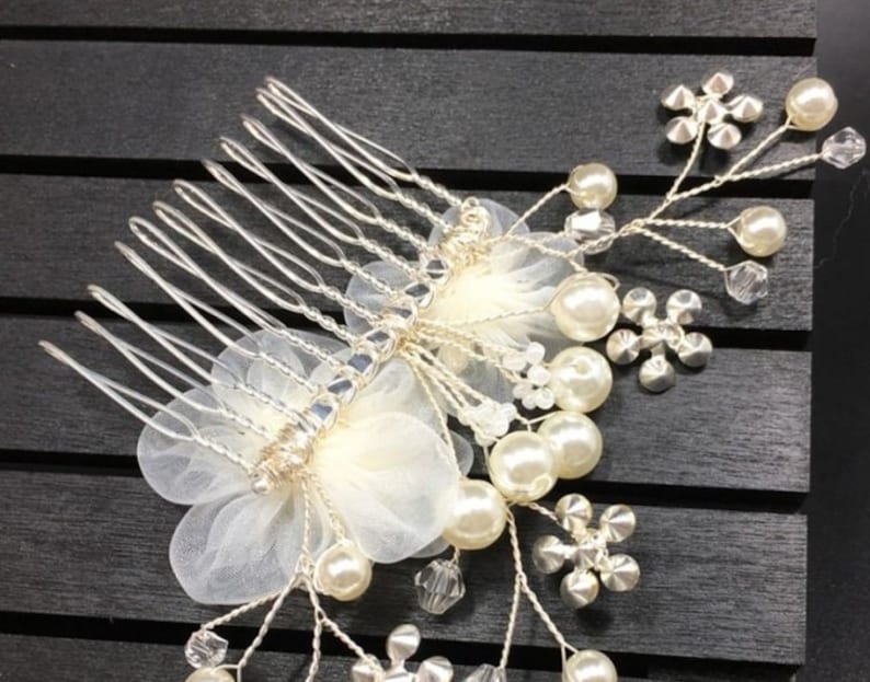 Ivory Crystal Pearl Chiffon silver Hair comb Hair slide Headpiece Fascinator Wedding Bridal Party Rhinestone Diamante