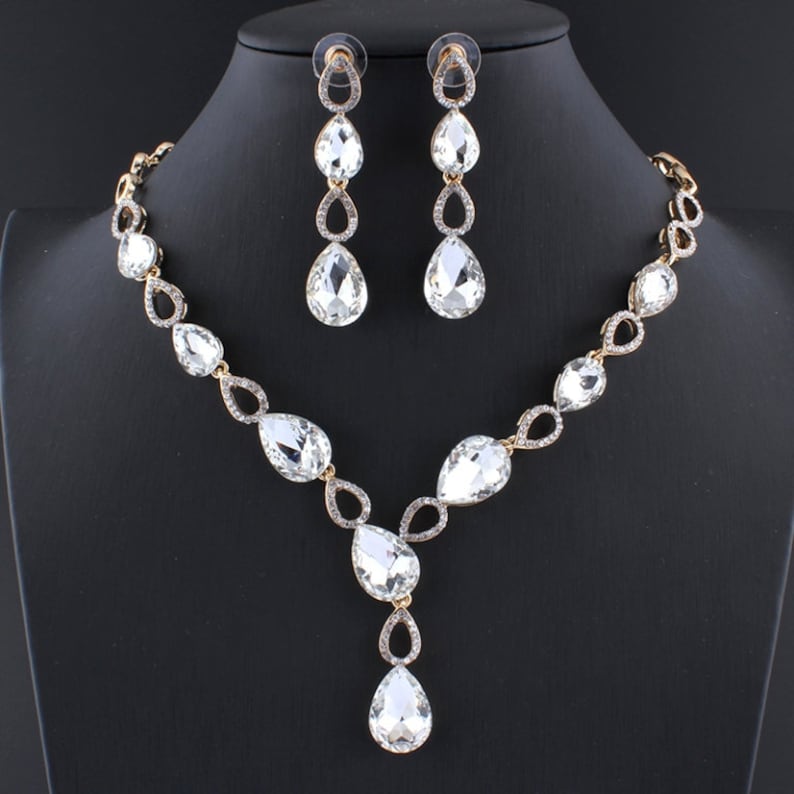 Long drop Dangle Earrings Teardrop Rhinestones Pendant necklace Bridal Wedding Gold Crystal Necklace and Earring Jewellery set