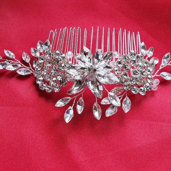 Crystal Flower Leaf Hair Comb. Art Deco 1920's Vintage Style Head Piece. Wedding Bridal Silver Back Piece. Bridal Side Comb