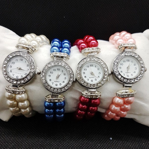 Ladies Pearl Dress/Cocktail Watch. Adjustable Stretch Bracelet 3 Colours Art Deco Vintage Crystal Rhinestone Fancy Wristwatch Round Face