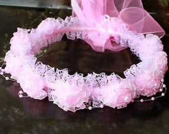 Wreath Tiara Crown Girls Pink chiffon pearl and ribbon headpiece headband Wedding Bridesmaid Bridal Flower Girl Occasion.