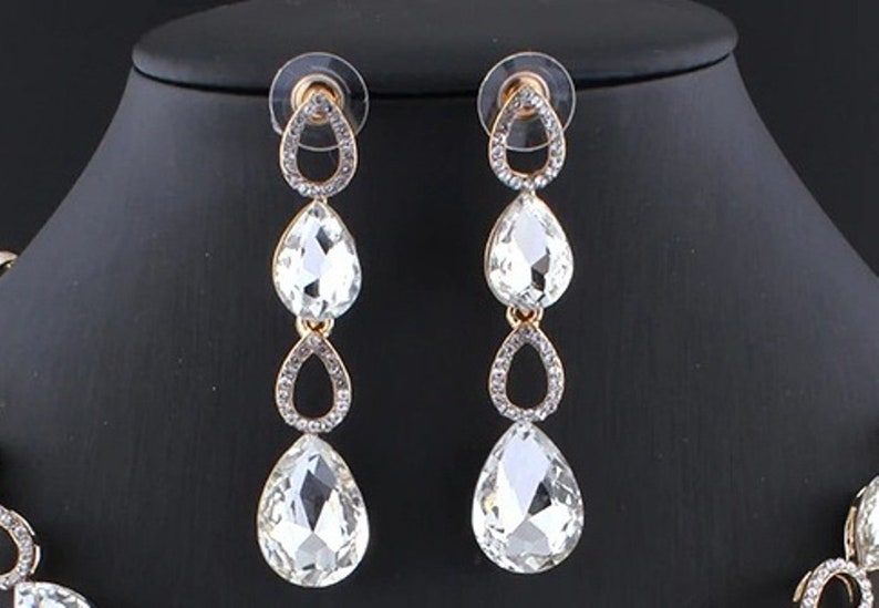 Long drop Dangle Earrings Teardrop Rhinestones Pendant necklace Bridal Wedding Gold Crystal Necklace and Earring Jewellery set