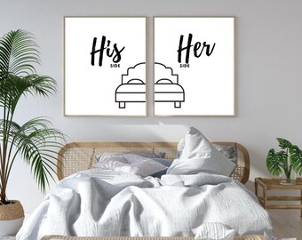 HOME ART PRINTS - "His side, her side" duo set bedroom quotes a4 prints