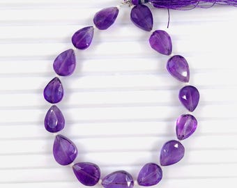 Conjunto de 15 peças de ametista natural facetada em formato de gota com furo central, contas de ametista em formato de gota para joias, fio de 20 cm (8 polegadas), tamanho 9 x 12 mm.