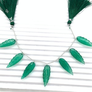 Carved Green Onyx Drop Leaf Shape 50x34mm Front to Back