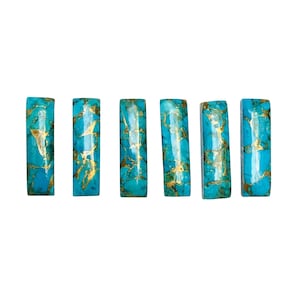 May include: Six turquoise cabochons with gold veins, each in a rectangular shape.
