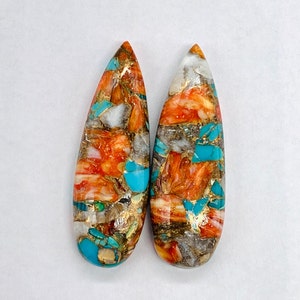 May include: Two teardrop-shaped cabochons of turquoise, coral, and gold. The stones are a mix of orange, blue, white, and gold.