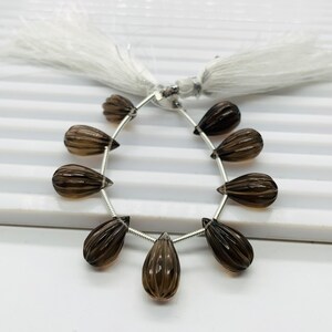 10 Pieces Natural Smoky Quartz Carved Drops Briolette Beads Size 14x8mm Natural Smoky Quartz Faceted Gemstone Tear drops for Jewelry making