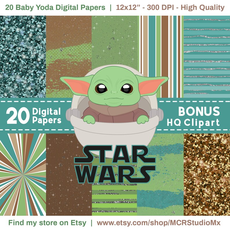 Baby Yoda Digital Papers 12x12 300 DPI BONUS Etsy