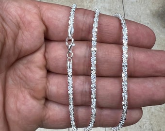 925 Plata de ley Sparkle Glitter Margarita Twisted Rock Chain Collar de 3 mm, Plata de ley 925 real, Corte de diamante, Venta, Hecho en Italia