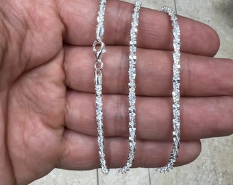 925 Plata de ley Sparkle Glitter Margarita Twisted Rock Chain Collar de 3 mm, Plata de ley 925 real, Corte de diamante, Venta, Hecho en Italia