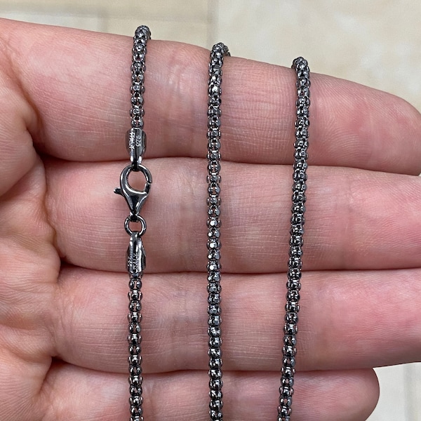 925 Sterling Silver Black Rhodium Popcorn Coreana Chain 2.5mm, Bali Woven Chain, Black Chain Necklace, Rustic Chain For Pendants, 925