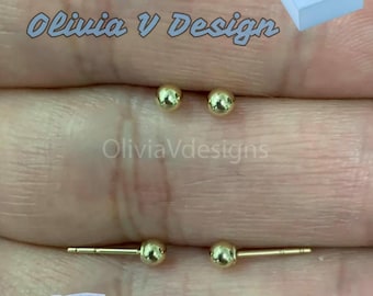 14K Solid Gold Ball Stud Earrings 3MM - Genuine Gold Push Backs