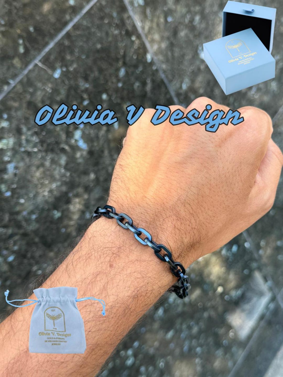 Men's Blue Brushed Stainless Steel Anchor Chain Bracelet (8.5