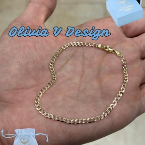 10K Solid Yellow Gold Diamond Cut Curb Cuban 3mm Link Chain Bracelet Anklet 8" 9.5'' ,Everyday Chain, 10K Gold, Men Ladies, Fully Solid
