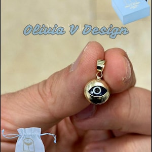 14k Gelbgold Griechisch Evil Eye Anhänger, Dainty Eye - Echtes 14k Gelbgold - Talisman viel Glück, , Schutz, Diamantschliff, blau, 10 mm