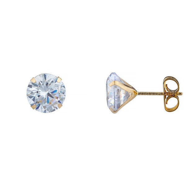 14K Solid Yellow Gold Brilliant Bright Round AAA CZ Stud Earrings Sizes 3MM 4MM 5MM 6MM 7MM 8MM Martini Setting - 14k Gold Backs