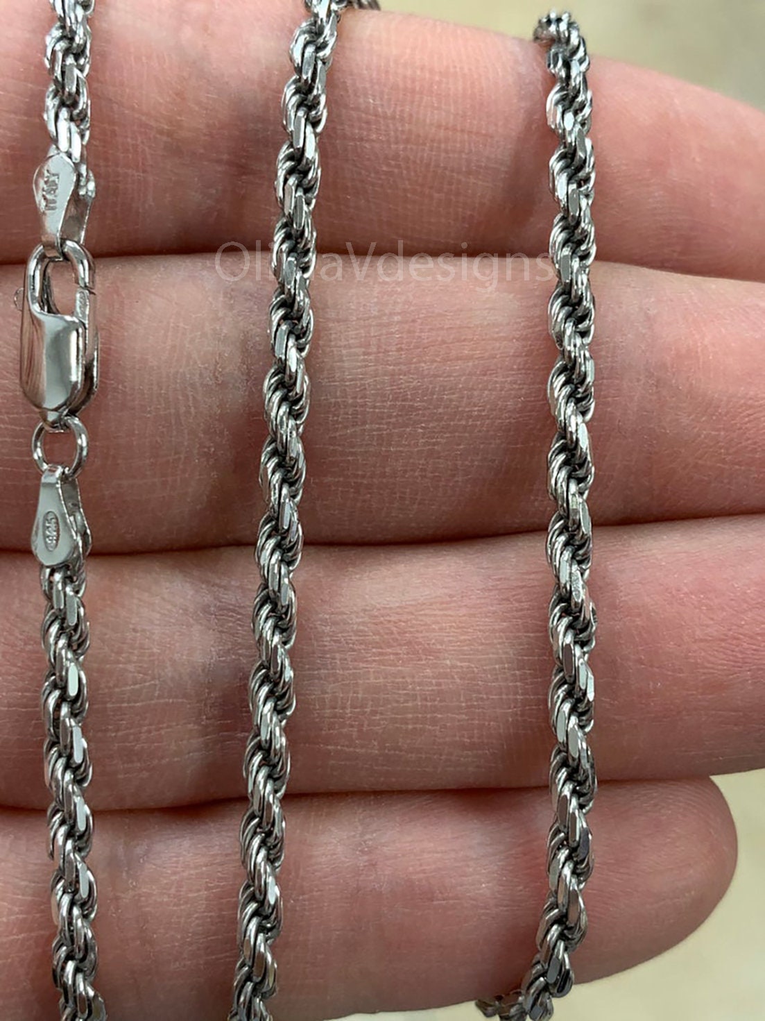 Solid 925 Sterling Silver Italian Rope Chain Rhodium 3.2mm Etsy