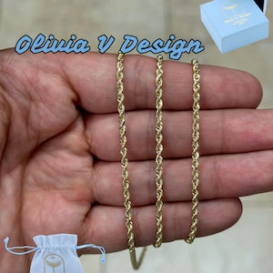 Collar de cadena tipo cuerda de oro amarillo macizo de 14 quilates, corte de diamante de 2,5 mm